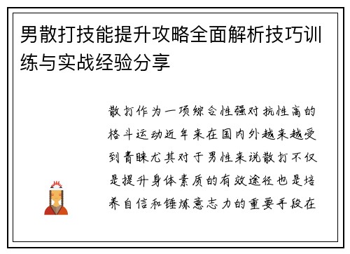 男散打技能提升攻略全面解析技巧训练与实战经验分享