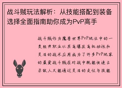 战斗贼玩法解析：从技能搭配到装备选择全面指南助你成为PvP高手